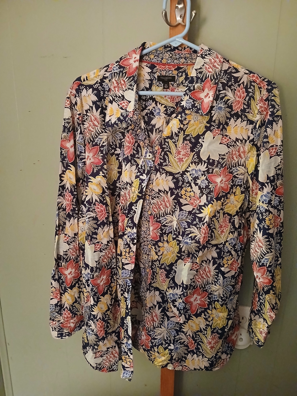 Talbots Navy Floral Button-Down Blouse with Pink and Yellow Flowers